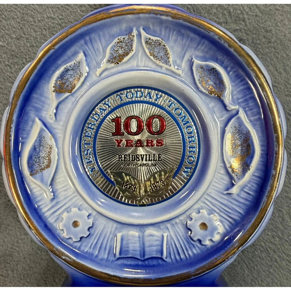 Jim Beam Reidsville NC Centennial Decanter 1873-1973 Blue Gold Vintage Ceramic
